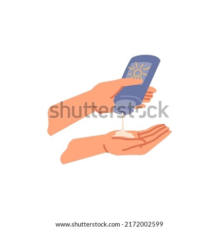 Hands applying sunscreen or sunblock, isolated personage with lotion with SPF protection from sun. Care for skin during sunbathing. Flat cartoon character, vector illustration