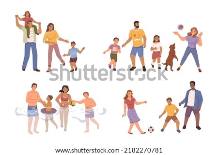 Family bonding and spending time together, isolated parents and kids playing football, ball or swimming. Seaside holidays or weekends. Flat cartoon, vector in flat style
