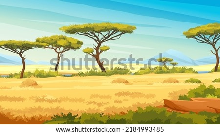 African savannah landscape with green trees, and plain grassland field under blue clear sky, river and jungle plants. Kenya panoramic view, mountains and skyline, wild nature