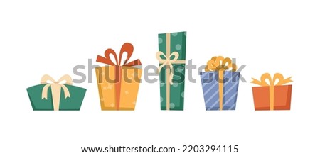 Gifts and presents for holiday celebration and special occasions. Isolated birthday or anniversary box with wrapping paper and ribbon bow. Vector in flat cartoon style