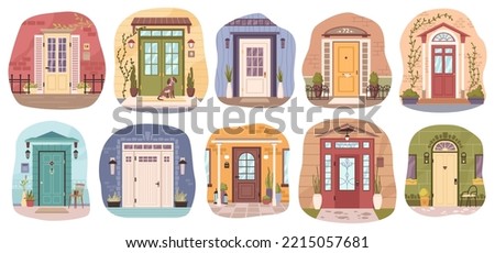 Doors of houses, isolated entrances of homes. Wooden and metal portals leading to residential building. Porches with houseplants and decor. Vector in flat style