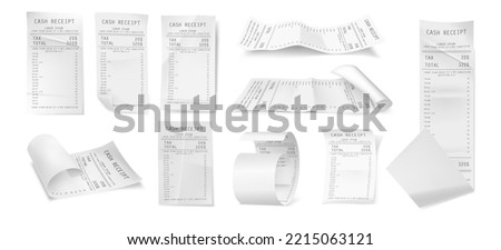 Shop receipt, cash paper bill, purchase invoice. Vector 3d isolated filled cheque blanks realistic set. Supermarket shopping retail sum check and total cost store sale payment
