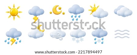 Weather conditions and various forecast icons. Isolated sunshine and thunderbolts, heavy rain and fog, wind and blizzard. Vector in 3d, realistic style. Rainy and sunny weather, clouds and mist