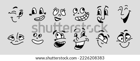 Facial expression of cartoon character, isolated eyes and mouth with laugh and grin. Winking and laughing, smiling and cheering face emotions. Vector in flat style