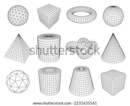 Low poly line geometric shapes, isolated vector triangle and pyramid, circle and cube, cylinder and cone. Polygonal mathematics and geometry figures, frame perspectives set