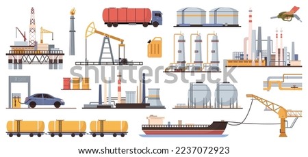 Gas industry, production and storage, transportation in tankers by ships and railways. Using oil in petrol station, filling cars. Vector in flat style