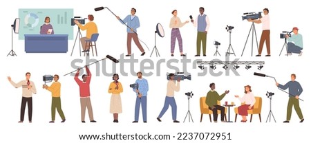 Collection of journalists, cameramen or videographers with cameras isolated on white. Talk show hosts interviewing people, news presenters. Vector illustration in flat cartoon style.