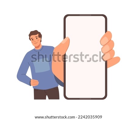 Man with smartphone in hand show empty display. Vector male person hold screen showing something, vector illustration. Guy with cellphone or mobile phone in hand, cartoon character