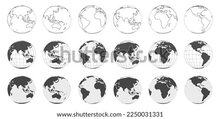 Hemispheres and globes with world maps showing countries and continents. Earth with different sides, geography, and cartography icon. Vector in flat style