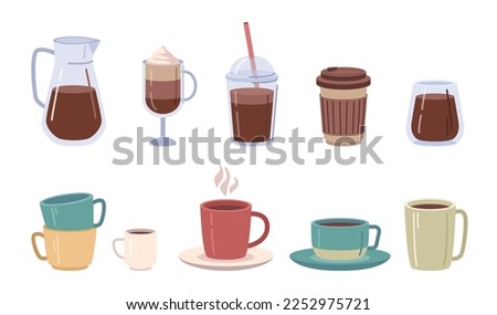 Coffee drinks and beverages served in mugs and plastic cups for take away. Cafe or shop drinks to go, tasty isolated coffee in mugs. Vector in flat style