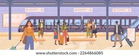 Passengers in railway station or metro subway. People with baggage waiting for train to arrive. Traveling and commuting. Flat cartoon, vector illustration