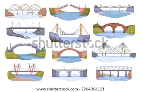 Bridges over canal or river connecting islands or banks of river. Architectural construction with road and way for people or cars. Vector in flat style