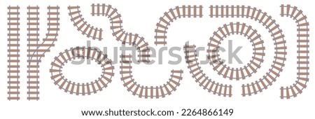 Railway tracks, isolated parts and details of rail road or transport. Train transfer, wooden planks and fasteners connection. Flat cartoon, vector illustration