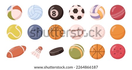 Sports hobby, ball equipment for football, basketball and volleyball. Isolated icons of ball for tennis and rugby, cricket and bowling. Vector in flat style