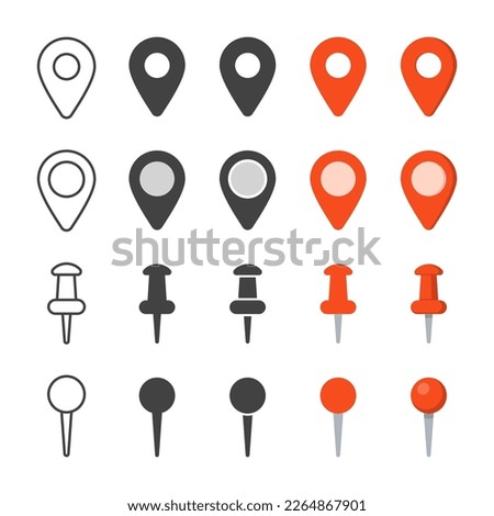 Navigation and location pointers, push pins and traditional application icons for design. Isolated signs for maps. Flat line style vector illustration