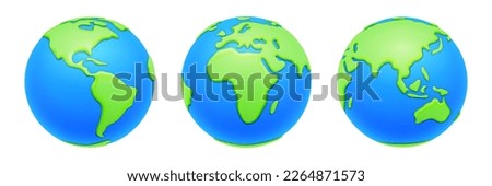 Planet earth globes, geography and traveling. Isolated icons of worldwide view, landscape of lands and oceans, seas and continents. 3d style vector illustration
