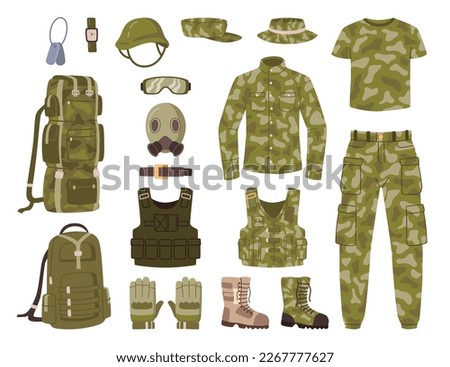 Clothes and military equipment for soldiers. Isolated costumes, gloves and boots, hat and goggles, life vest for protection. Flat cartoon, vector illustration