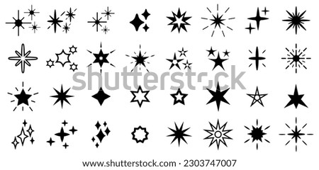 Minimalist silhouette stars icon, black silhouettes symbol vector set. Illustration of twinkle star shape symbols. Modern geometric elements, abstract sparkle shining star icon