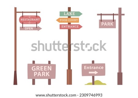 Park signboards, wooden guidpost boards with garden entrance sign, open restaurant or foodcort announcement panels flat cartoon vector illustrations set