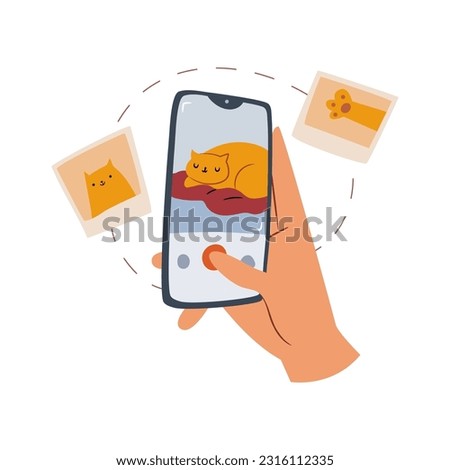 Human hand taking photo of cat on mobile phone or looking pictures with cute pet animal flat cartoon vector illustration. Cat posting it on social media