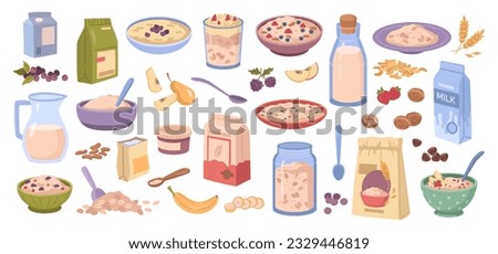 Set oatmeal breakfast, granola and porridge, banana fruit and spoon with nourishment. Oat flakes in box, bowl with nuts and berries in milk in jar. Healthy food, grains cartoon vector illustration