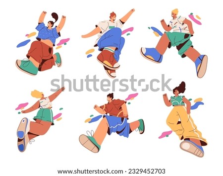 Young people running and jumping, expressing positive emotions. Vector flat cartoon characters with energy and motivation, energized and cheerful personages with smile on face