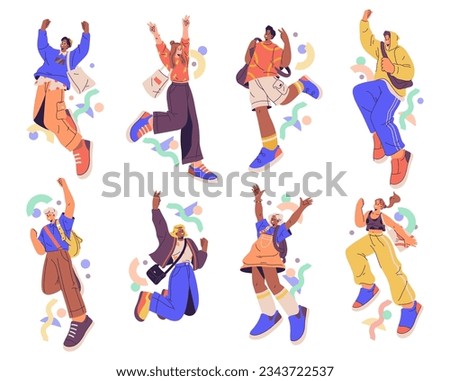 Fashionable students wearing modern clothes, flat cartoon vector illustration set. Isolated men and women in cool apparel and outfits, clothing and accessories bags and stylish footwear