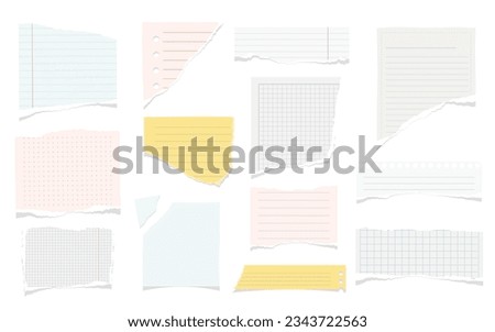Ripped pieces of paper from notebook or textbook, flat cartoon vector illustration set. Isolated torn paper for writing down info, empty memo or sticky notes notepaper with borders