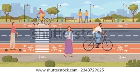 Bike walking path, cyclist traffic or road rules flat cartoon vector illustration. Cyclists use route, cycling bike rider. Biking man and active rest, pedestrian way and people