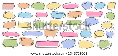 Speech bubble doodles, hand drawn balloons isolated flat cartoon vector illustration icons set. Vector chat and talk clouds, shapes for text, message paper frames,