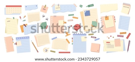 Modern paper notes on stickers vector illustration set. Office notepapers and information board in flat cartoon style. Torn paper sheets form notepad isolated collection of sticky notes