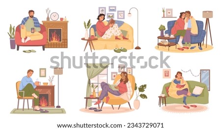 People indoors resting on sofa in warm clothes with hot drink. Vector man and woman rest in armchair, holding cups with tea coffee. Blankets and fireplace, lamp lights, cartoon characters