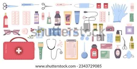 First aid kit flat cartoon icons set. Vector medical supplies, bandage and adhesive plaster, painkiller and wipes, medical scissors and antipyretic pills, clinic thermometer, ice gel pack illustration