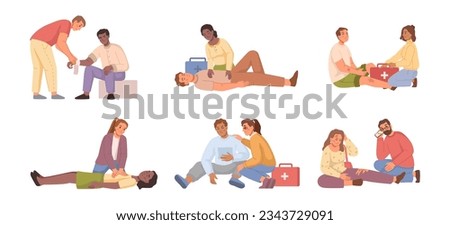 First aid medical procedures, flat cartoon people set. 911 or 112 ambulance and paramedics with patient. Emergency and resuscitation. Heart massage, rescue training, cpr recent scenes