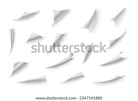 Flipping book effect, page curl or bent edges of notebook, realistic illustration collection. Isolated curved paper corners, folded piece of sheet or brochure. White scroll or turning
