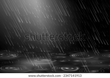 Downpour rainy weather with heavy rain and droplets, realistic illustration. Puddle and moisture, seasonal monsoon or storm with shower and flood. Liquid splashes and drop traces on water background