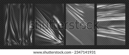 Crumpled plastic, glued paper wrinkled foil effect, vector realistic background set. Crumpled and greased wrinkles texture, isolated blank templates. Badly wet glued paper or gray adhesive foil