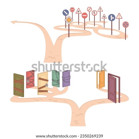 Easy or difficult way, closed and open doors, hard choice vector illustration flat cartoon set. Easy or shortcut way to win business, different road signs and stop mark. Hard path and obstacle, choice
