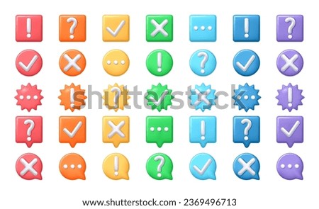 3D badges, glossy shapes with plus and minus, tick. Color emblems with computer signs, check button. exclamation and question mark. Vector 3d cartoon style minimal button, ok and cross sign