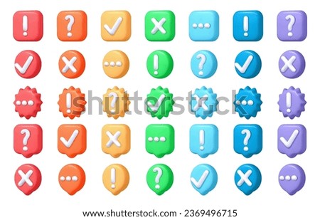 Glossy shapes with plus and minus, tick colorful badges. Vector 3d cartoon style minimal button, ok and cross sign. 3d emblems with computer signs, check button. exclamation and question mark