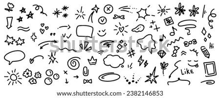 Doodle cute line elements, glitter pen drawings. Simple sketch line style emphasis, attention, pattern elements. Doodle heart, arrow, star, sparkle decoration symbol set icon. Vector illustration.