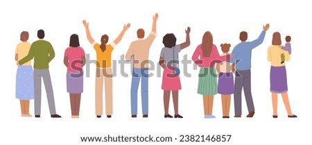 People look back and wave hands, man, woman and children saying goodbye, diversity of man and woman. People in casual cloth standing backwards, gesturing kinds and adults
