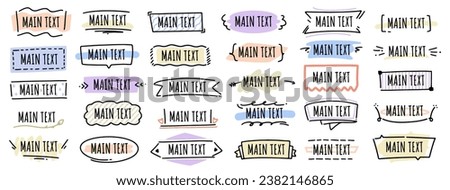 Text title frame handwriting ribbon, square, circle decoration element. Hand drawn sketch style decoration. Doodle cute title frame simple text box, label, tag. Vector illustration