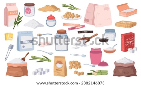 Sugar packets set. Granulated, powder, cubes, sanding sweet sucrose in different packages. Flat cartoon vector illustrations of spoon and bottle for sugar, bamboo and sachet with sucrose