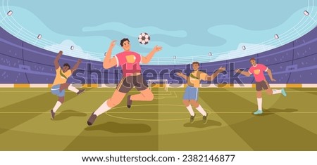 Soccer stadium players. Football match, athletes fighting, kicking ball vector flat cartoon illustration. Dynamic poses of people in uniform, tense moment on field. Football team championship