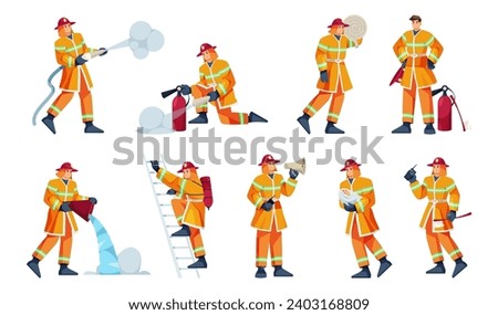 Brave firefighters putting out fire, isolated men wearing protective helmets and uniforms. Vector flat cartoon character, firemen with hoses and water, ladder to reach window, loudspeakers