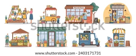 Florist stores or kiosks in town or city. Vector isolated flower shops with customers and sellers. Selling houseplants and blooming bouquets, home decoration and gifts for holidays offers