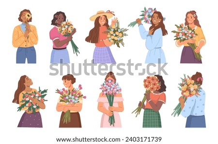 Similar – Image, Stock Photo Woman holding bouquet of fresh flowers against white wall