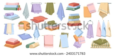 Textile for wiping face and hands, isolated soft towels folded or rolled, placed in pile or hanged on ring. Vector bathroom and kitchen fabric for cleaning, hygiene and spa or beach design