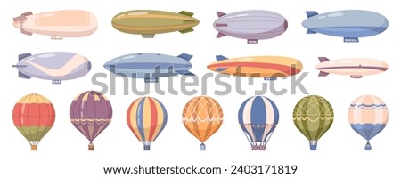 Airships and dirigible, hot air balloons transport with cabin and basket. Vector old aerial transportation, colorful aircraft aviation icons. Vintage transport with propeller, zeppelin in sky